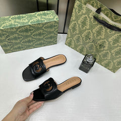 Gucci Premium Black Leather Interlocking G Flat Slides