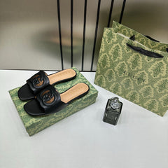 Gucci Premium Black Leather Interlocking G Flat Slides