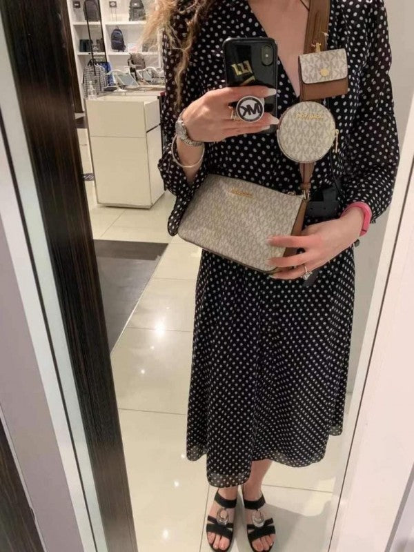 Michael Kors MK Jet Set Crossbody With Tech Accessories Coin Pouch & Ear Pod With Dust Bag & OG Box (Beige-Brown-M7021)
