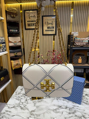 Tory Burch White Diamond Quilt Leather Eleanor Shoulder Bag With OG Box & Dust Bag TR084 White