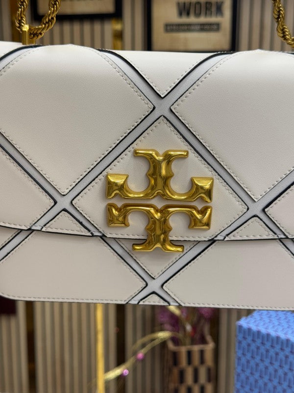 Tory Burch White Diamond Quilt Leather Eleanor Shoulder Bag With OG Box & Dust Bag TR084 White