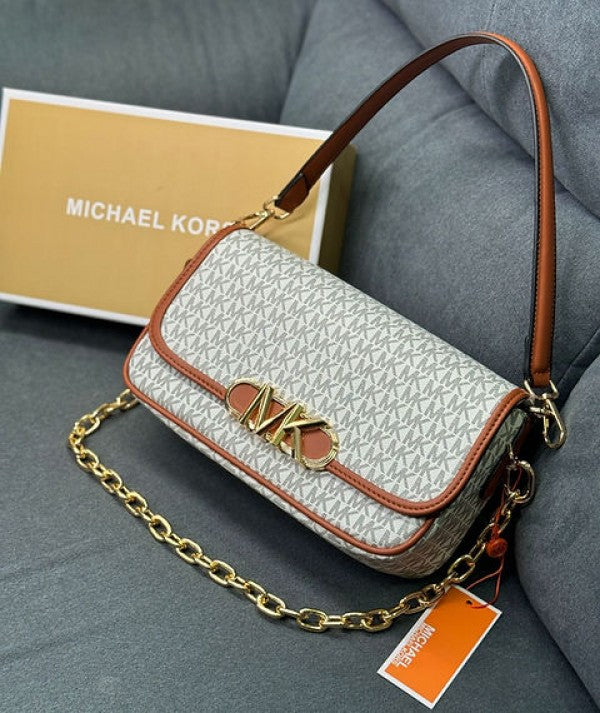 Michael Kors Parker Medium Logo Shoulder Bag With Dust Bag & OG Box 22319 Beige Brown