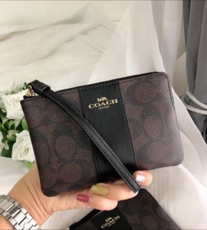 Coach Corner Zip Wristlet In Signature Brown Canvas With Black Stripe With OG Box & Dust Bag 103