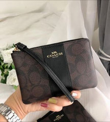 Coach Corner Zip Wristlet In Signature Brown Canvas With Black Stripe With OG Box & Dust Bag 103