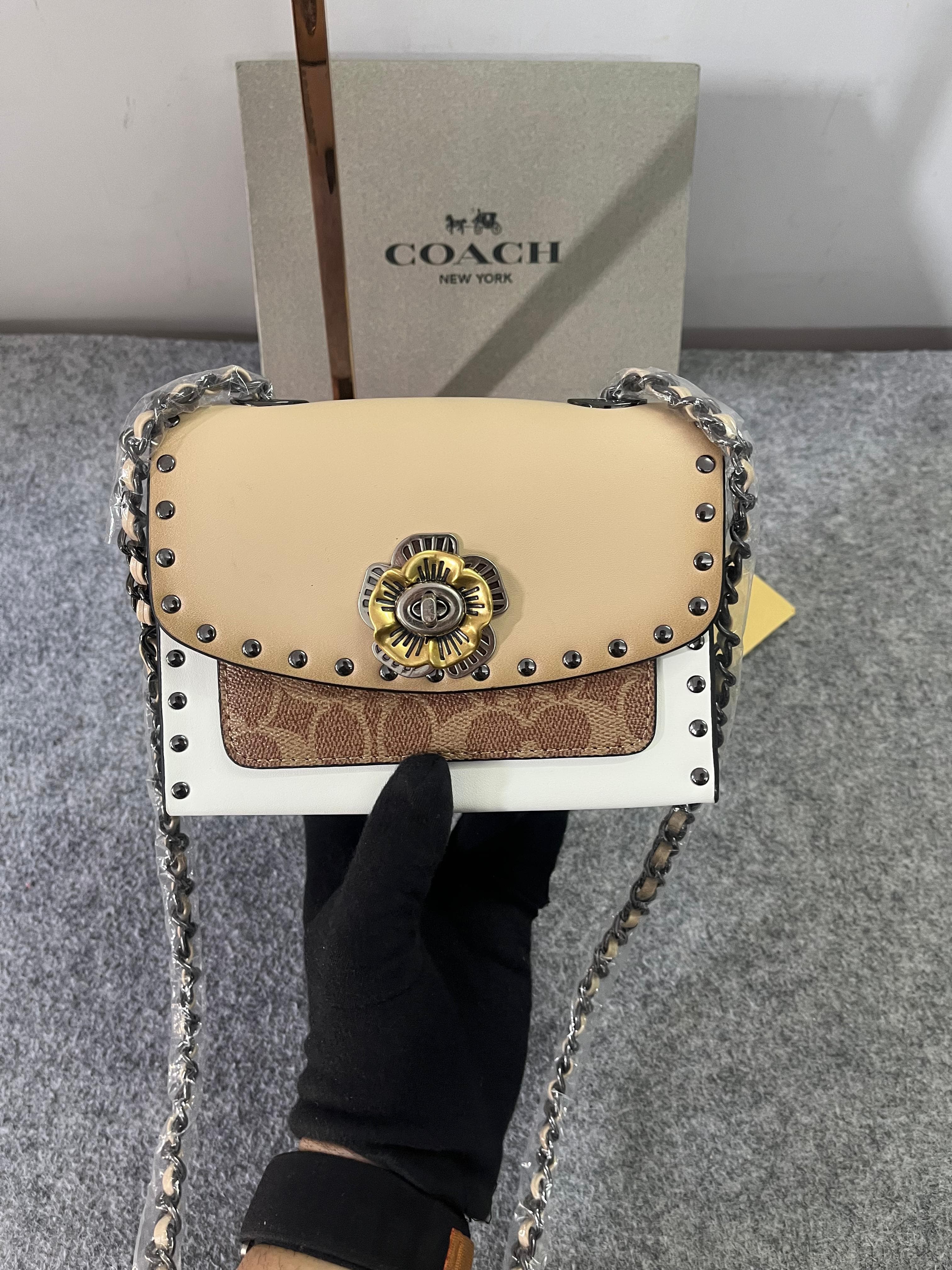 Coach Parker Studded Premium Shoulder Bag With OG Box & Dust Bag (Beige-28032)