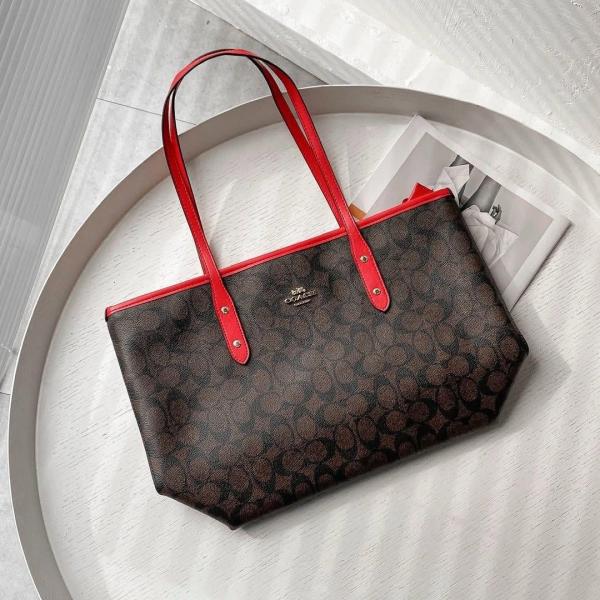 Coach Signature City Tote Bag With OG Box & Dust Bag (Dark Brown Red - 829)