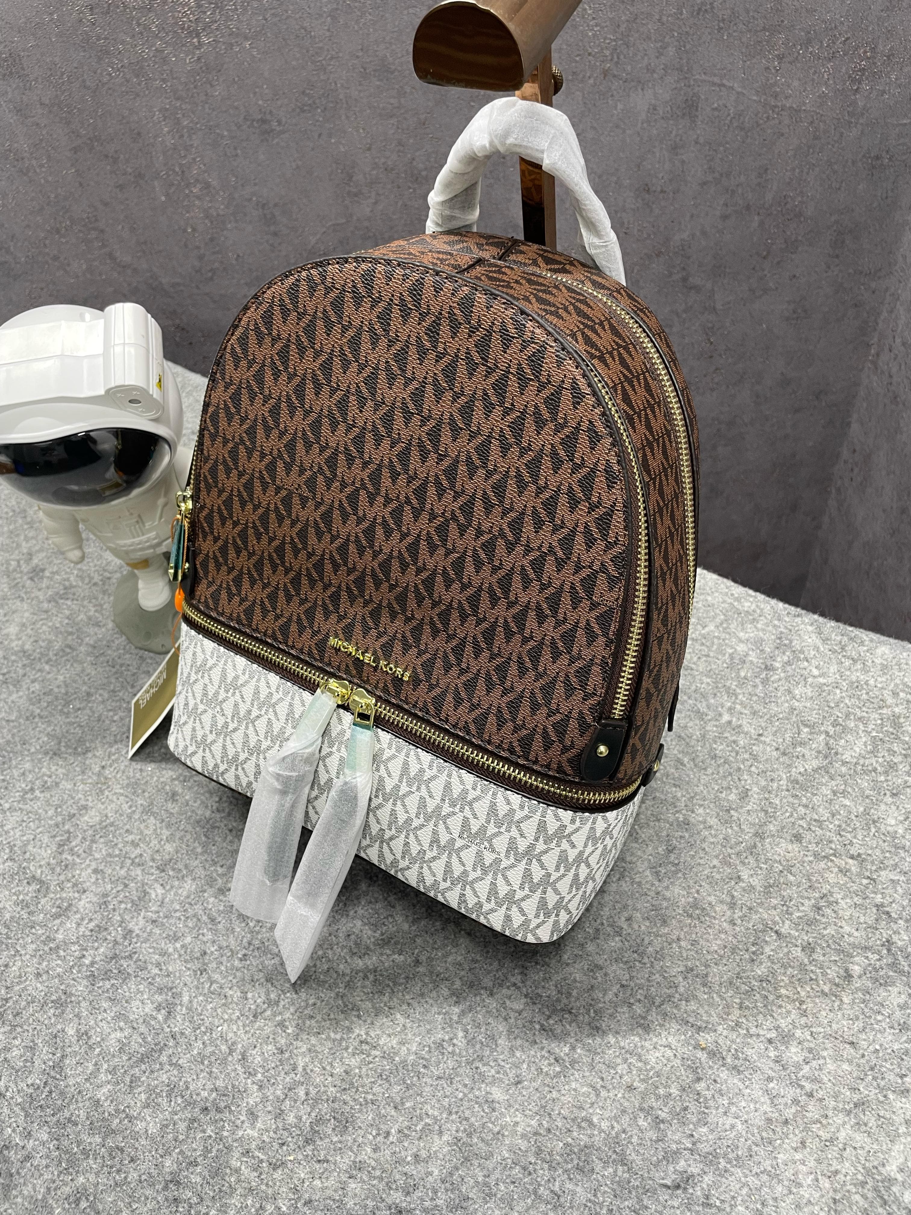 Michael Kors Rhea Medium Color-Block Brown Logo Backpack Brown 13003 With Dust Bag