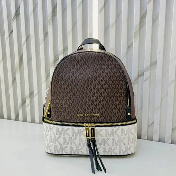 Michael Kors Rhea Medium Color-Block Brown Logo Backpack Brown 13003 With Dust Bag