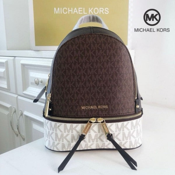 Michael Kors Rhea Medium Color-Block Brown Logo Backpack Brown 13003 With Dust Bag