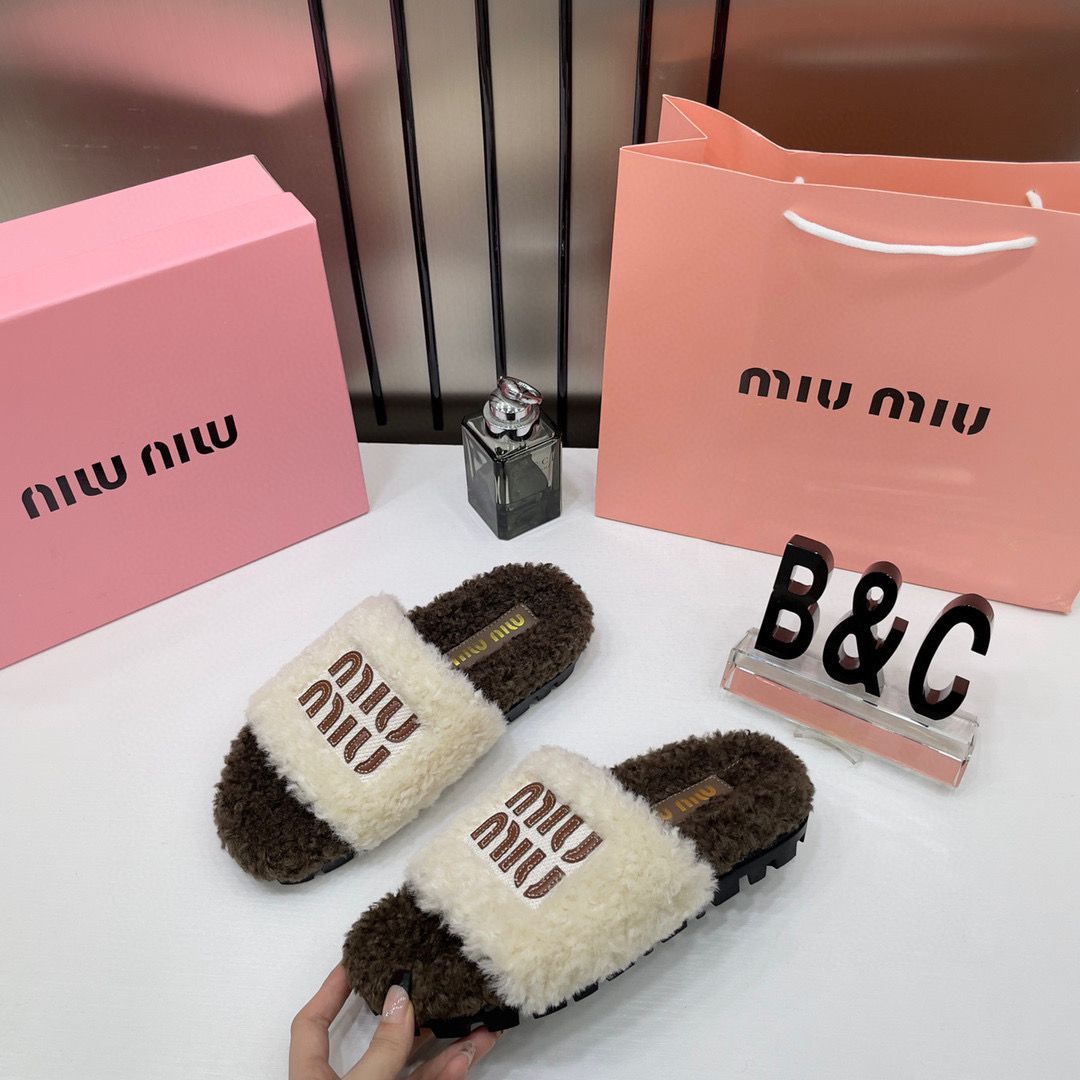 Miu Miu Fur White Brown Slippers For Her With OG Box Dust Bag & Carry Bag White Brown- 24D