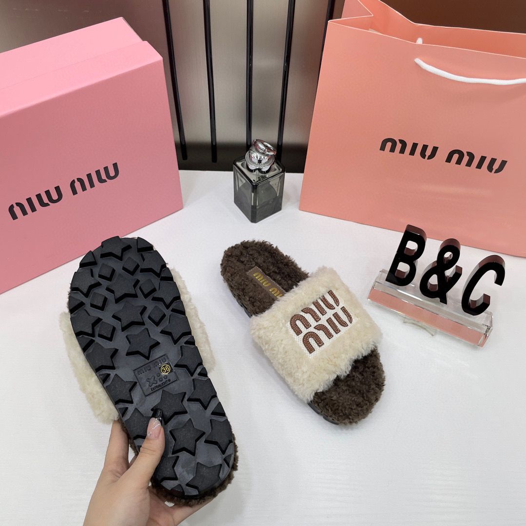 Miu Miu Fur White Brown Slippers For Her With OG Box Dust Bag & Carry Bag White Brown- 24D