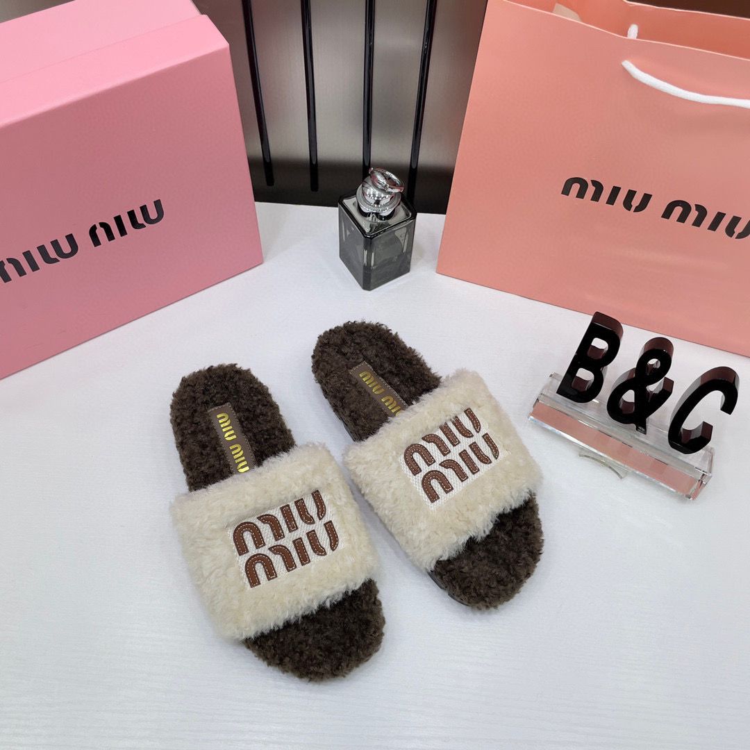 Miu Miu Fur White Brown Slippers For Her With OG Box Dust Bag & Carry Bag White Brown- 24D
