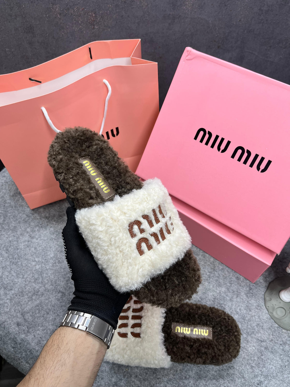 Miu Miu Fur White Brown Slippers For Her With OG Box Dust Bag & Carry Bag White Brown- 24D