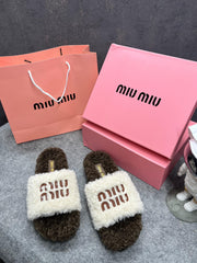 Miu Miu Fur White Brown Slippers For Her With OG Box Dust Bag & Carry Bag White Brown- 24D