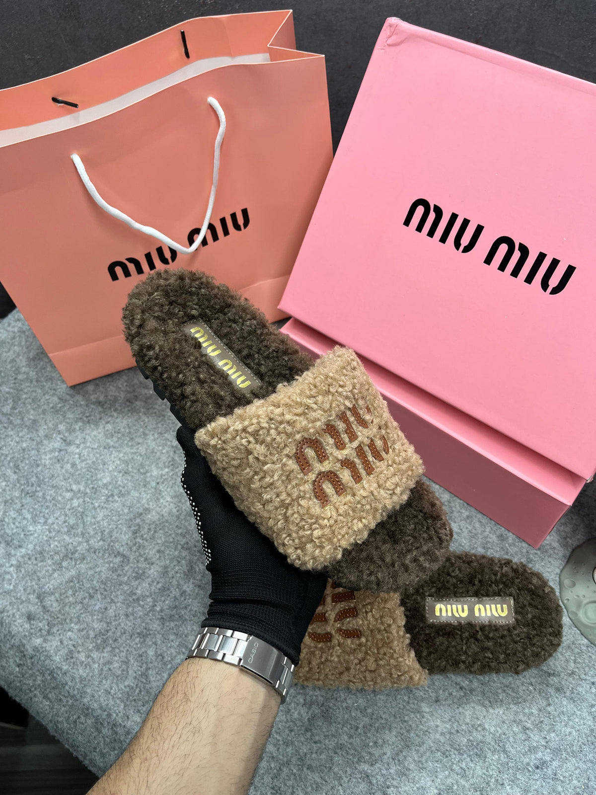 Miu Miu Fur Beige Brown Slippers For Her With OG Box Dust Bag & Carry Bag Beige Brown- 24D