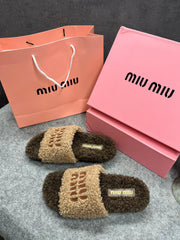 Miu Miu Fur Beige Brown Slippers For Her With OG Box Dust Bag & Carry Bag Beige Brown- 24D