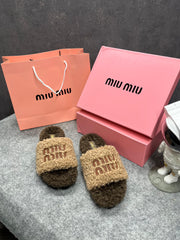 Miu Miu Fur Beige Brown Slippers For Her With OG Box Dust Bag & Carry Bag Beige Brown- 24D