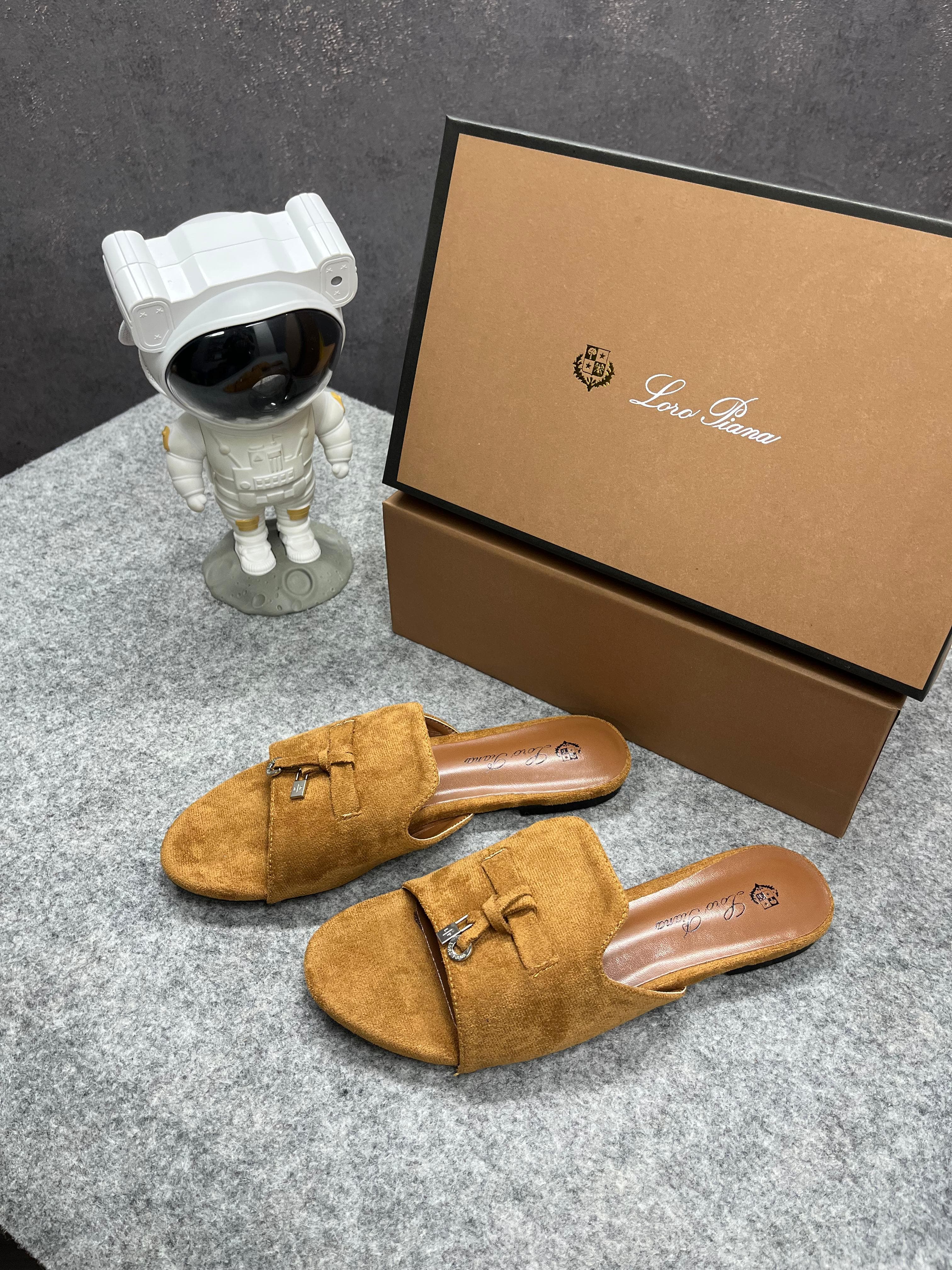 Loro Piana Summer Charms Brown suede Flat Slides For Her With OG Box Brown