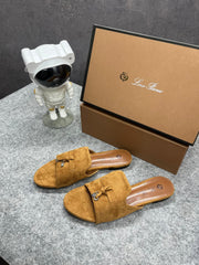 Loro Piana Summer Charms Brown suede Flat Slides For Her With OG Box Brown