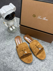 Loro Piana Summer Charms Brown suede Flat Slides For Her With OG Box Brown