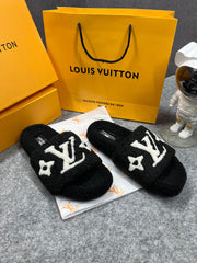 Louis Vuitton Furry Black White Slippers For Her With OG Box Dust Bag & Carry Bag Black White