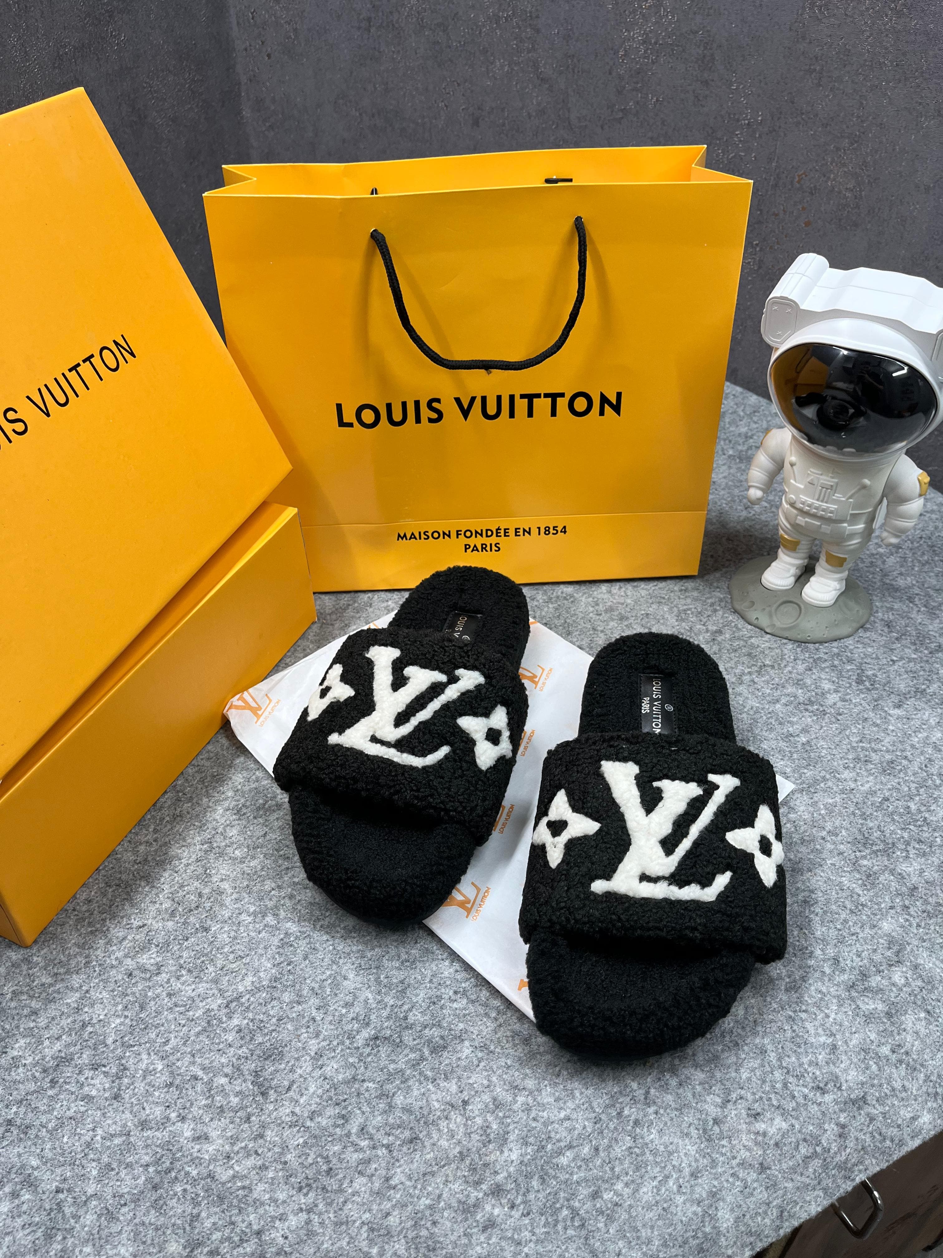 Louis Vuitton Furry Black White Slippers For Her With OG Box Dust Bag & Carry Bag Black White