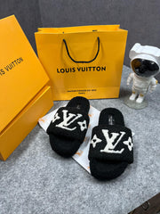 Louis Vuitton Furry Black White Slippers For Her With OG Box Dust Bag & Carry Bag Black White