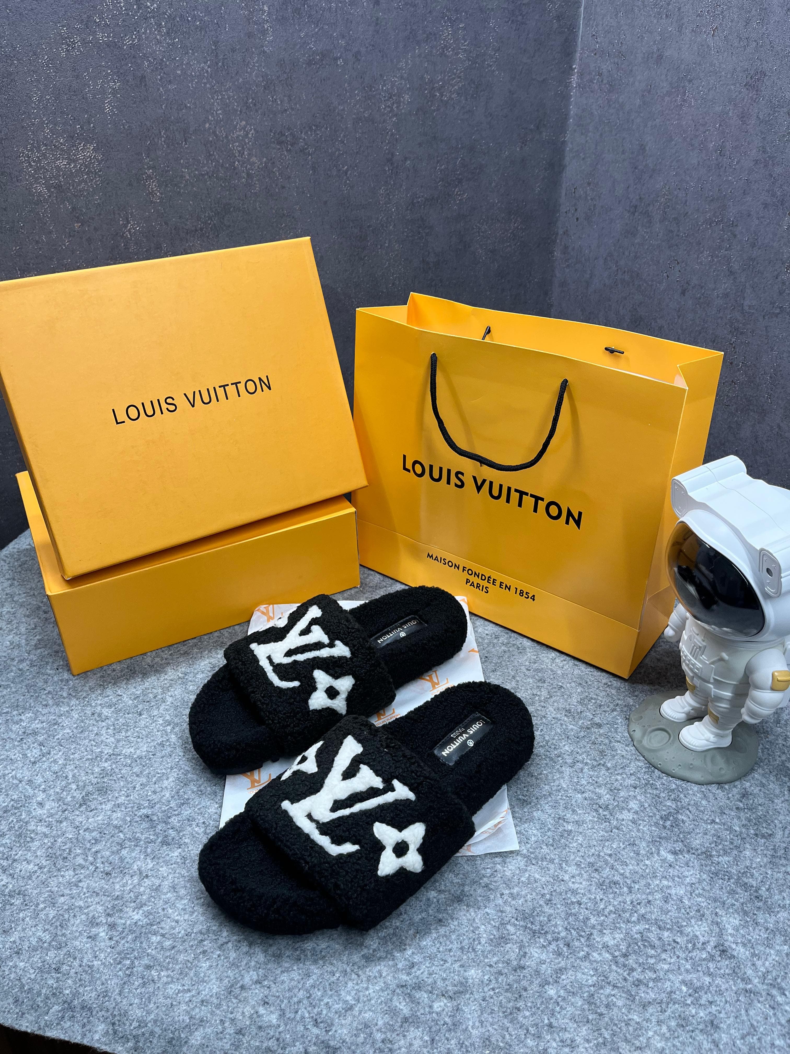 Louis Vuitton Furry Black White Slippers For Her With OG Box Dust Bag & Carry Bag Black White