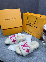 Louis Vuitton Furry White Pink Slippers For Her With OG Box Dust Bag & Carry Bag White Pink