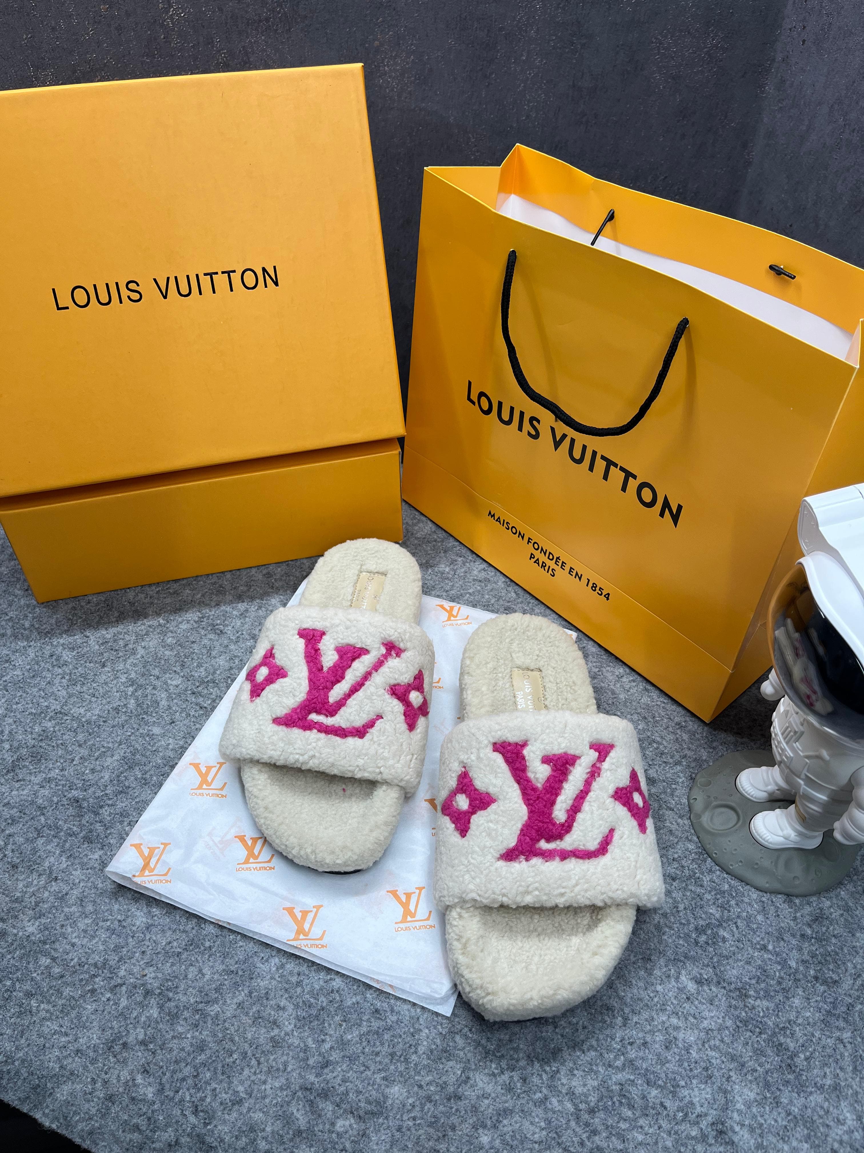 Louis Vuitton Furry White Pink Slippers For Her With OG Box Dust Bag & Carry Bag White Pink