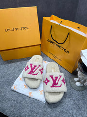 Louis Vuitton Furry White Pink Slippers For Her With OG Box Dust Bag & Carry Bag White Pink