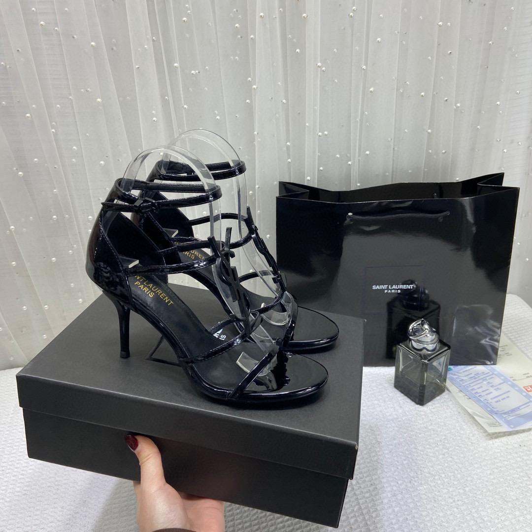 Ysl Saint Laurent Paris Black Patent Leather Monogram Cassandra Sandals Heel With OG Box Dust Bag & Carry Bag