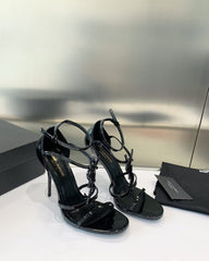 Ysl Saint Laurent Paris Black Patent Leather Monogram Cassandra Sandals Heel With OG Box Dust Bag & Carry Bag
