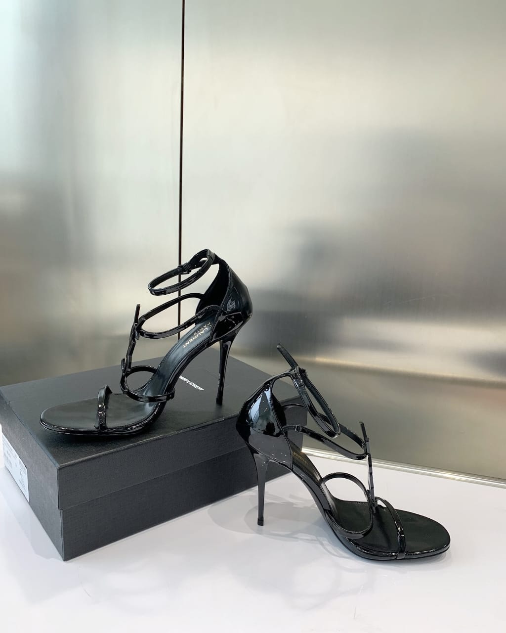 Ysl Saint Laurent Paris Black Patent Leather Monogram Cassandra Sandals Heel With OG Box Dust Bag & Carry Bag