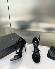 Ysl Saint Laurent Paris Black Patent Leather Monogram Cassandra Sandals Heel With OG Box Dust Bag & Carry Bag