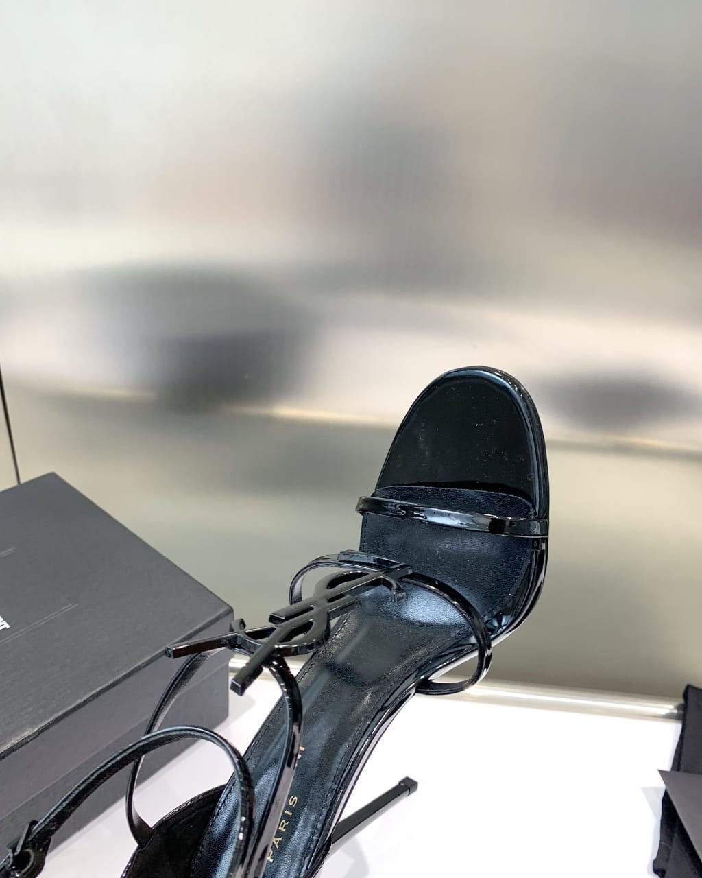 Ysl Saint Laurent Paris Black Patent Leather Monogram Cassandra Sandals Heel With OG Box Dust Bag & Carry Bag