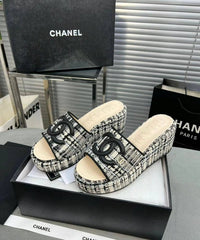 Chanel Embroidery Leather Wool Black CC Heel Wedge Sandals With OG Box Dust Bag & Carry Bag 9816-3 Black