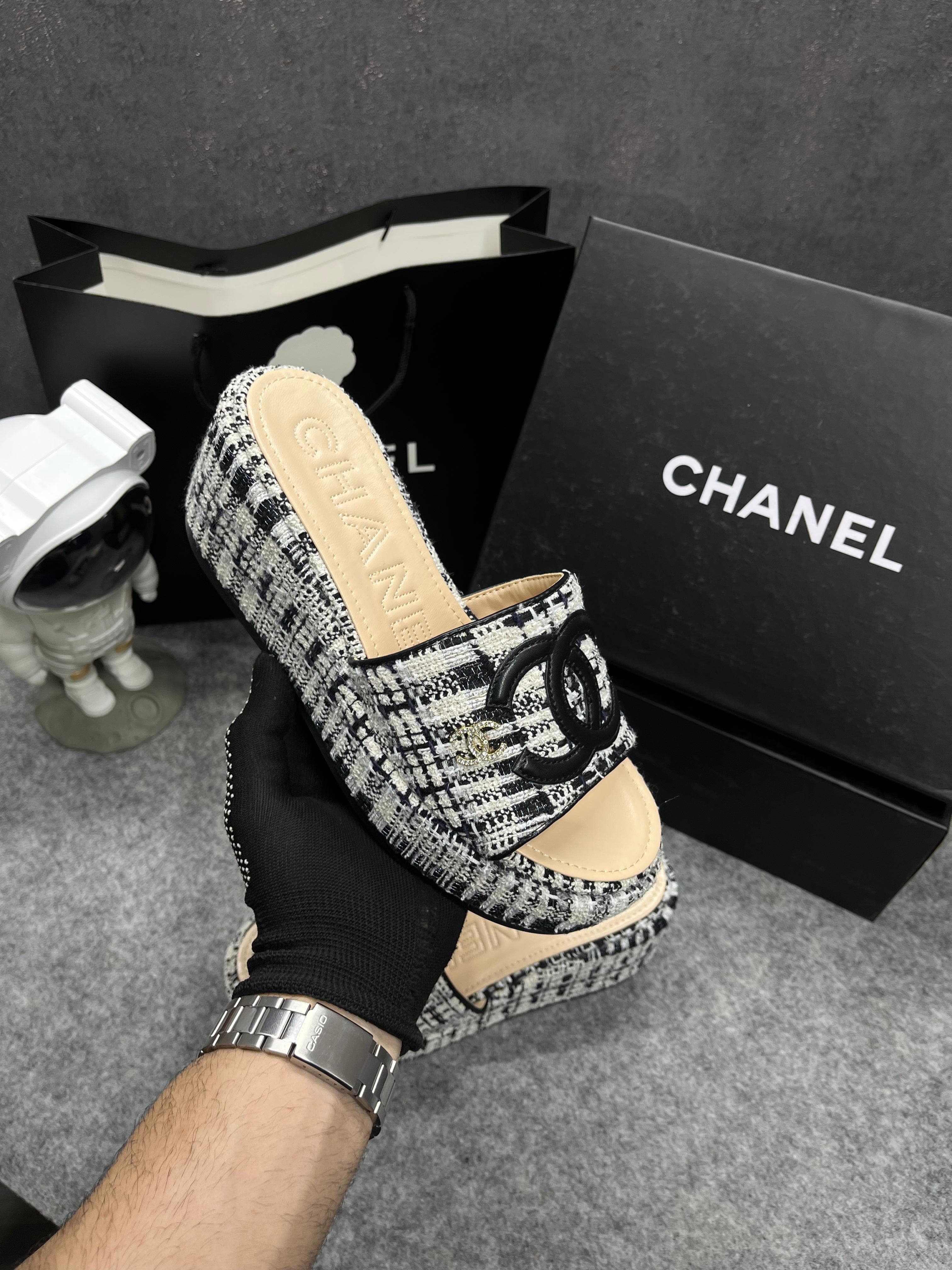 Chanel Embroidery Leather Wool Black CC Heel Wedge Sandals With OG Box Dust Bag & Carry Bag 9816-3 Black