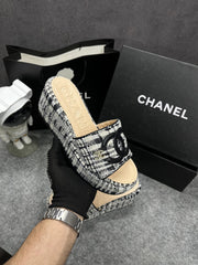 Chanel Embroidery Leather Wool Black CC Heel Wedge Sandals With OG Box Dust Bag & Carry Bag 9816-3 Black