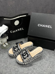 Chanel Embroidery Leather Wool Black CC Heel Wedge Sandals With OG Box Dust Bag & Carry Bag 9816-3 Black
