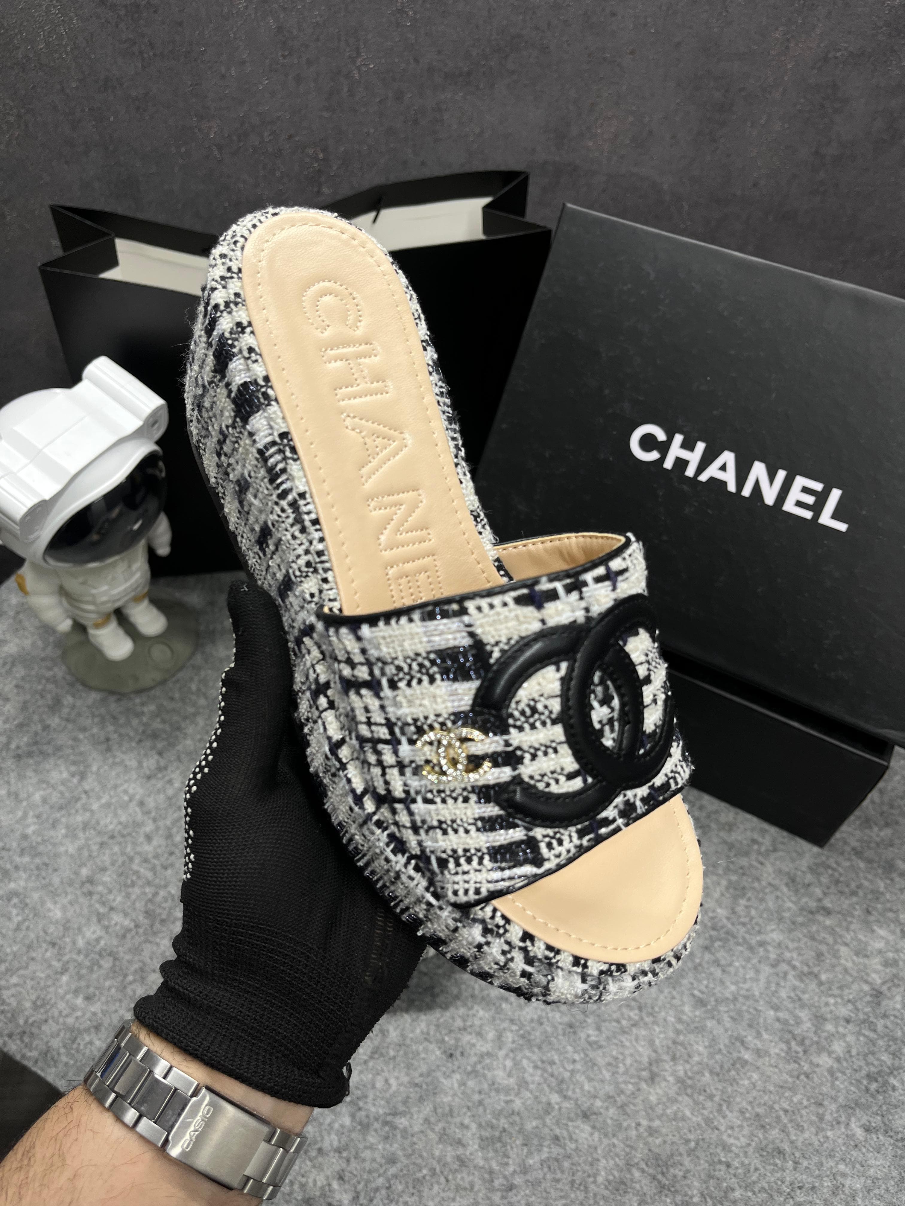 Chanel Embroidery Leather Wool Black CC Heel Wedge Sandals With OG Box Dust Bag & Carry Bag 9816-3 Black