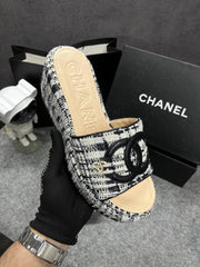 Chanel Embroidery Leather Wool Black CC Heel Wedge Sandals With OG Box Dust Bag & Carry Bag 9816-3 Black