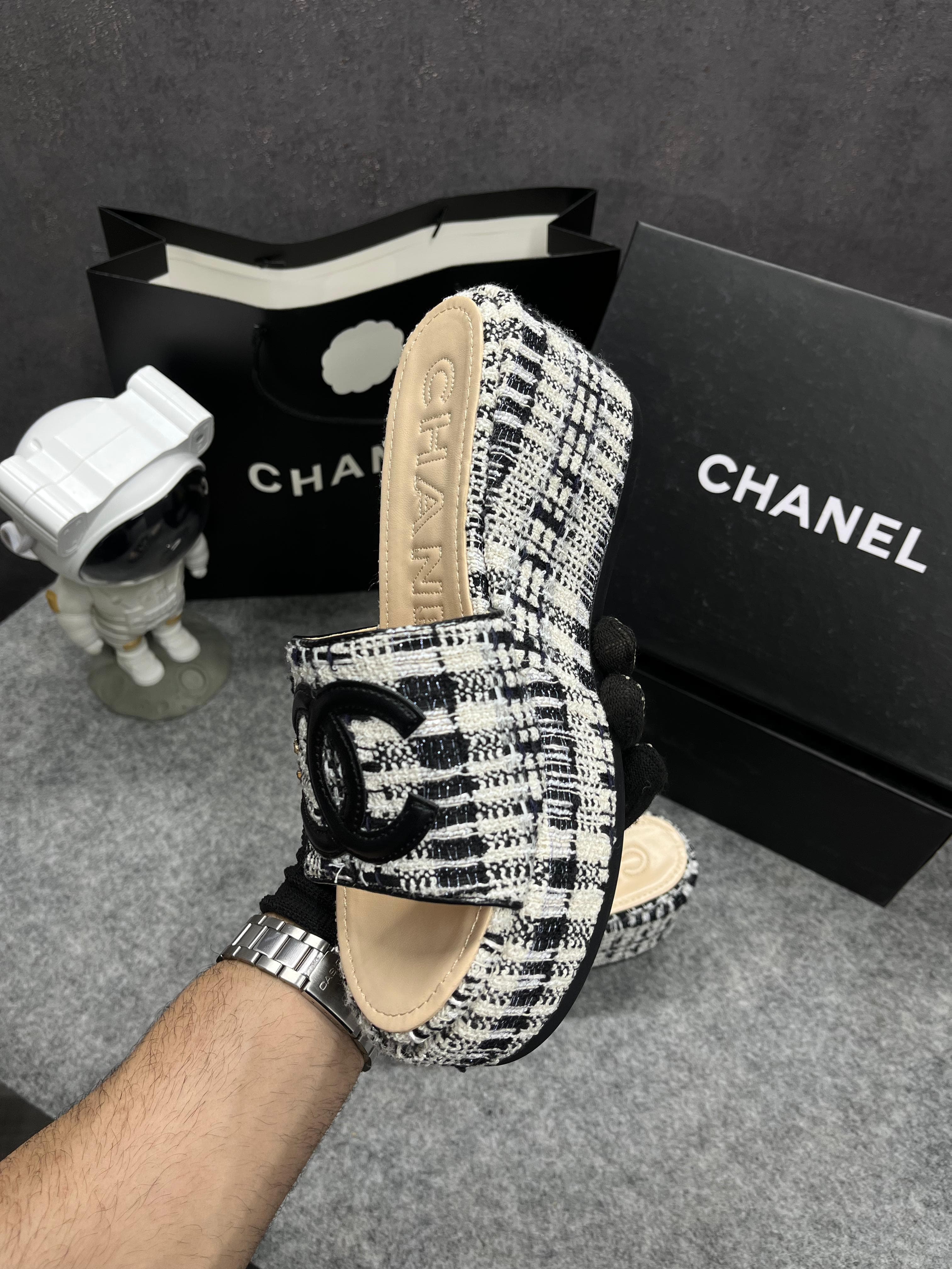 Chanel Embroidery Leather Wool Black CC Heel Wedge Sandals With OG Box Dust Bag & Carry Bag 9816-3 Black