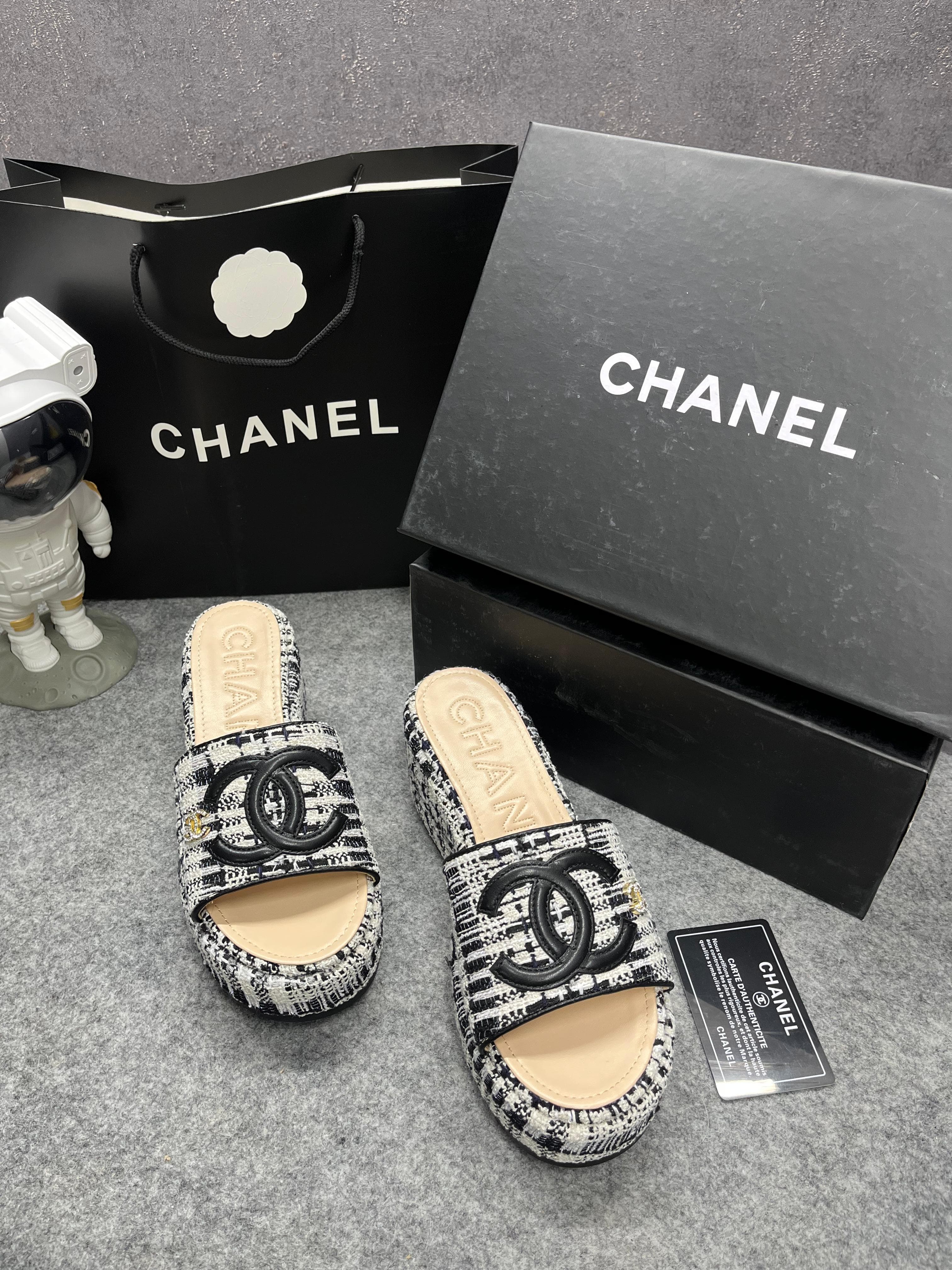 Chanel Embroidery Leather Wool Black CC Heel Wedge Sandals With OG Box Dust Bag & Carry Bag 9816-3 Black