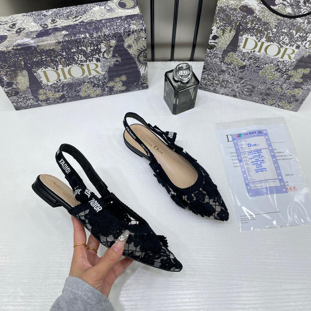 Christian Dior JAdior Slingback Transparent Mesh Black Dior Embroidery Flat With OG Box Dust Bag & Carry Bag