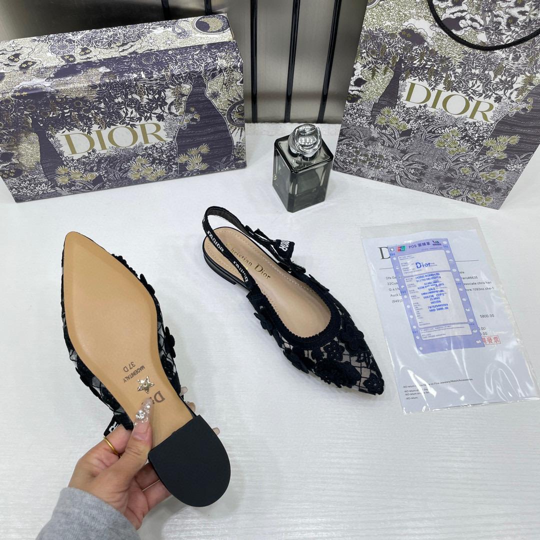 Christian Dior JAdior Slingback Transparent Mesh Black Dior Embroidery Flat With OG Box Dust Bag & Carry Bag
