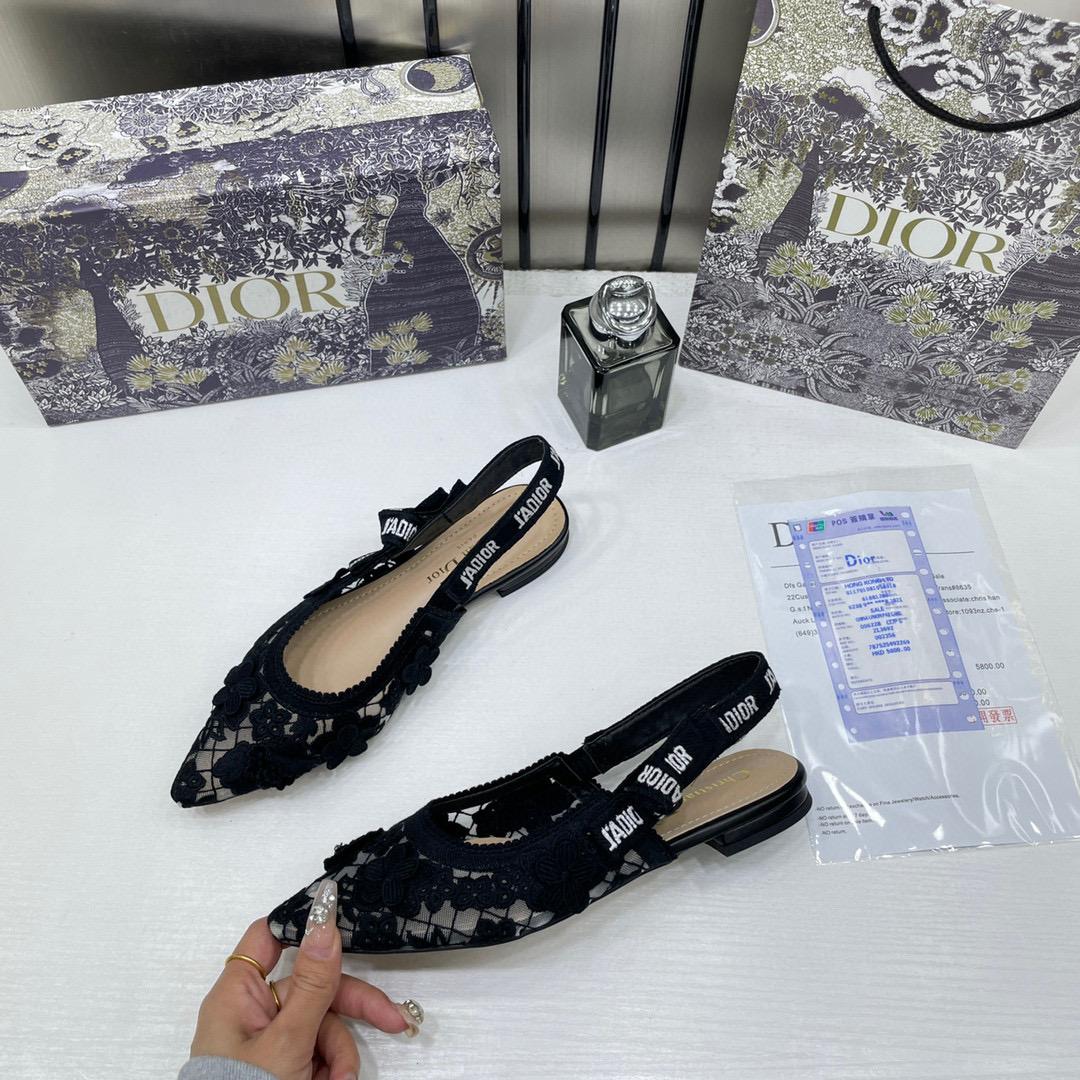 Christian Dior JAdior Slingback Transparent Mesh Black Dior Embroidery Flat With OG Box Dust Bag & Carry Bag