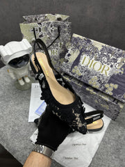 Christian Dior JAdior Slingback Transparent Mesh Black Dior Embroidery Flat With OG Box Dust Bag & Carry Bag