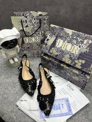 Christian Dior JAdior Slingback Transparent Mesh Black Dior Embroidery Flat With OG Box Dust Bag & Carry Bag