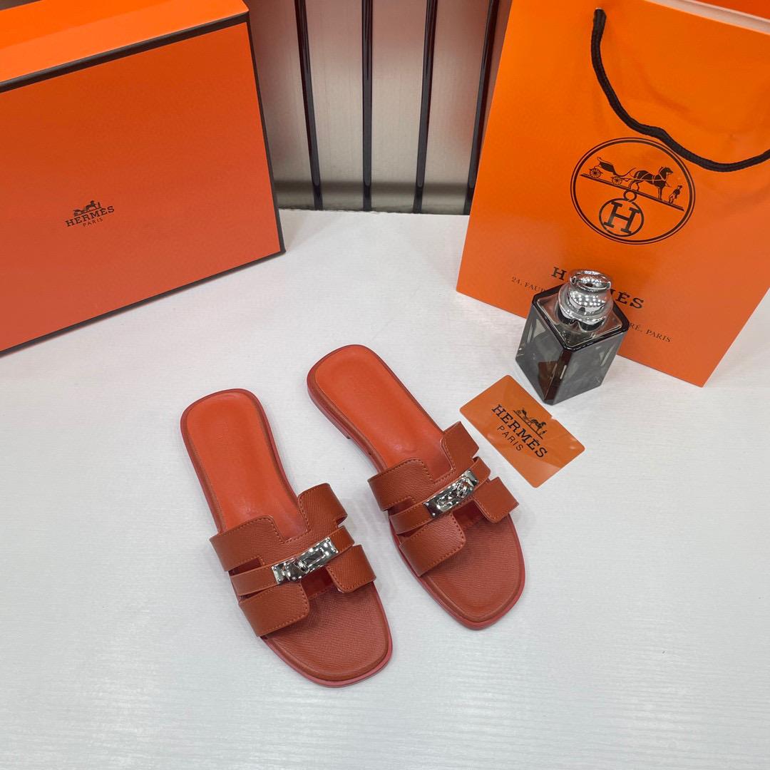 Hermes Paris Oran Flats For Her With OG Box & Carry Bag H38-41 Orange Slide